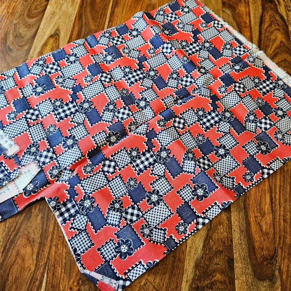 Vtg 19870s Red White‎ Blue Patchwork Floral Gingham Cotton Fabric Remnant Scrap